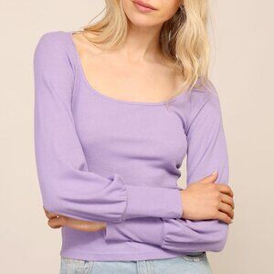 LUMIERE Lavender Square Neck Knit Top | Long Sleeve Fitted Blouse